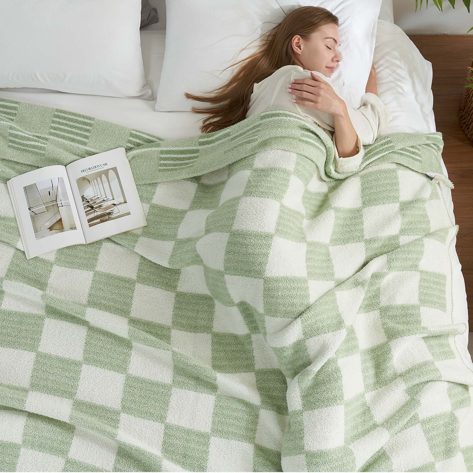 Reversible Heather Checkered Throw Blanket Snuggle Sac