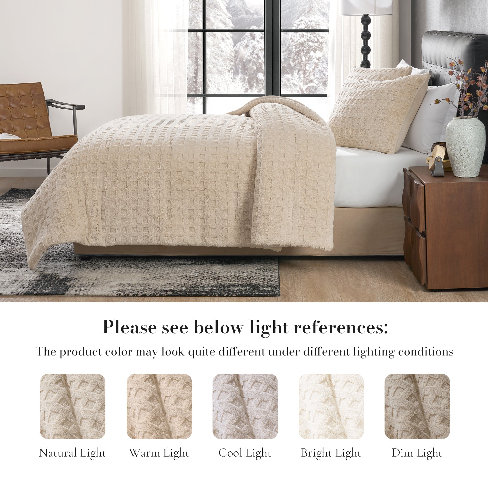 Side view of Snuggle Sac Winter Jacquard comforter with different lighting references#color_Khaki