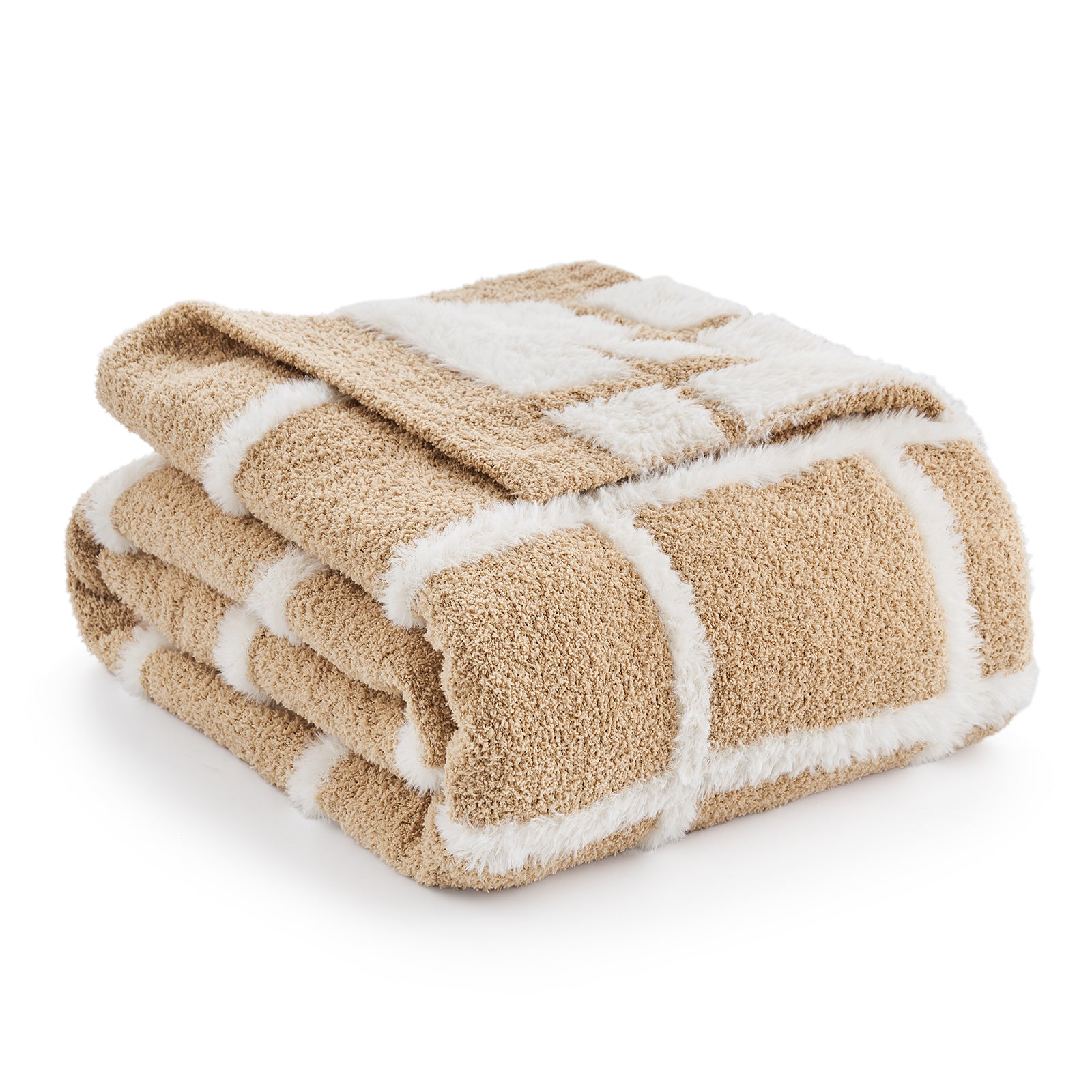 Snuggle Sac Checkered Faux Fur Knit Throw Blanket in beige and ivory front view#color_Beige