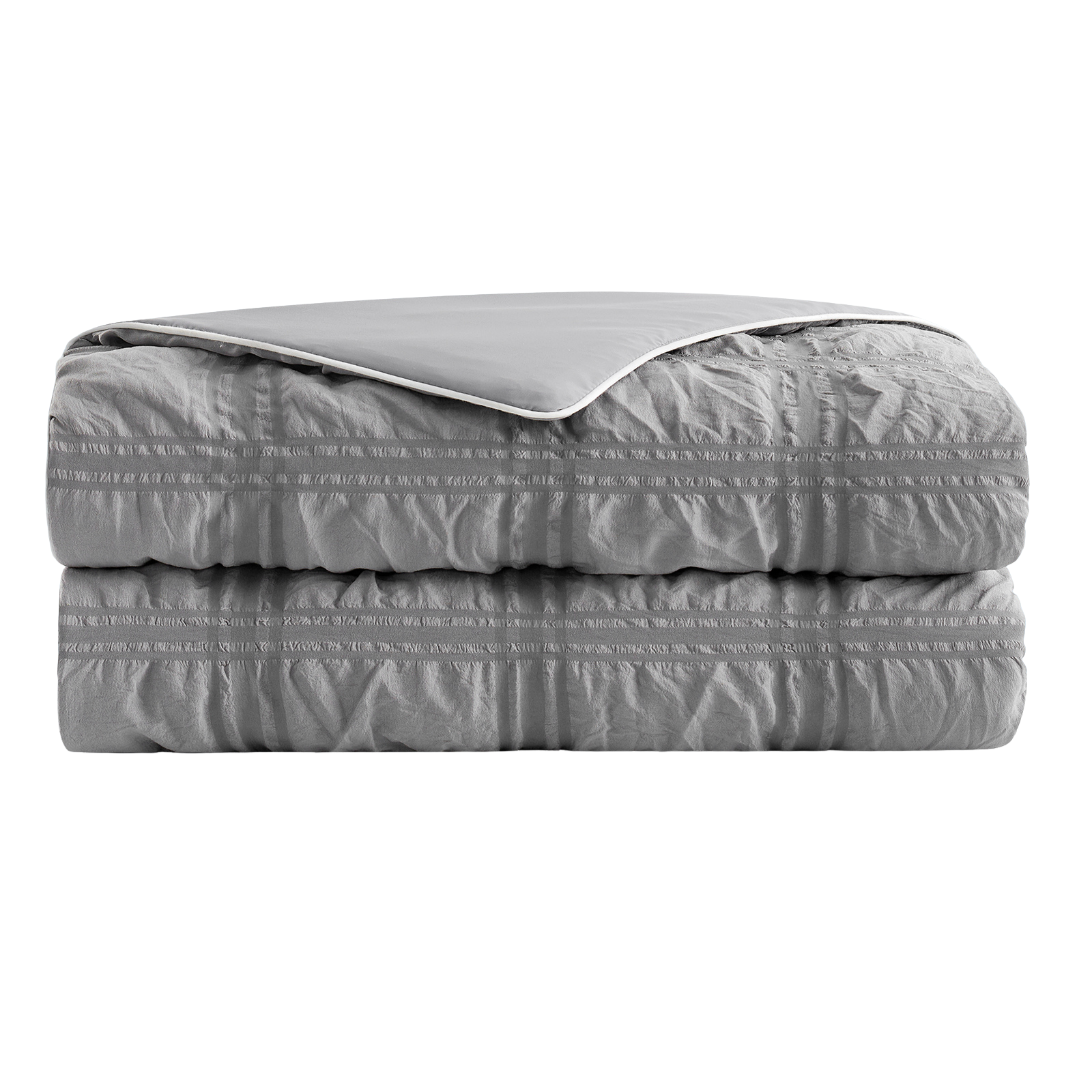 Folded Snuggle Sac Seersucker Plaid Cooling Comforter#color_Grey