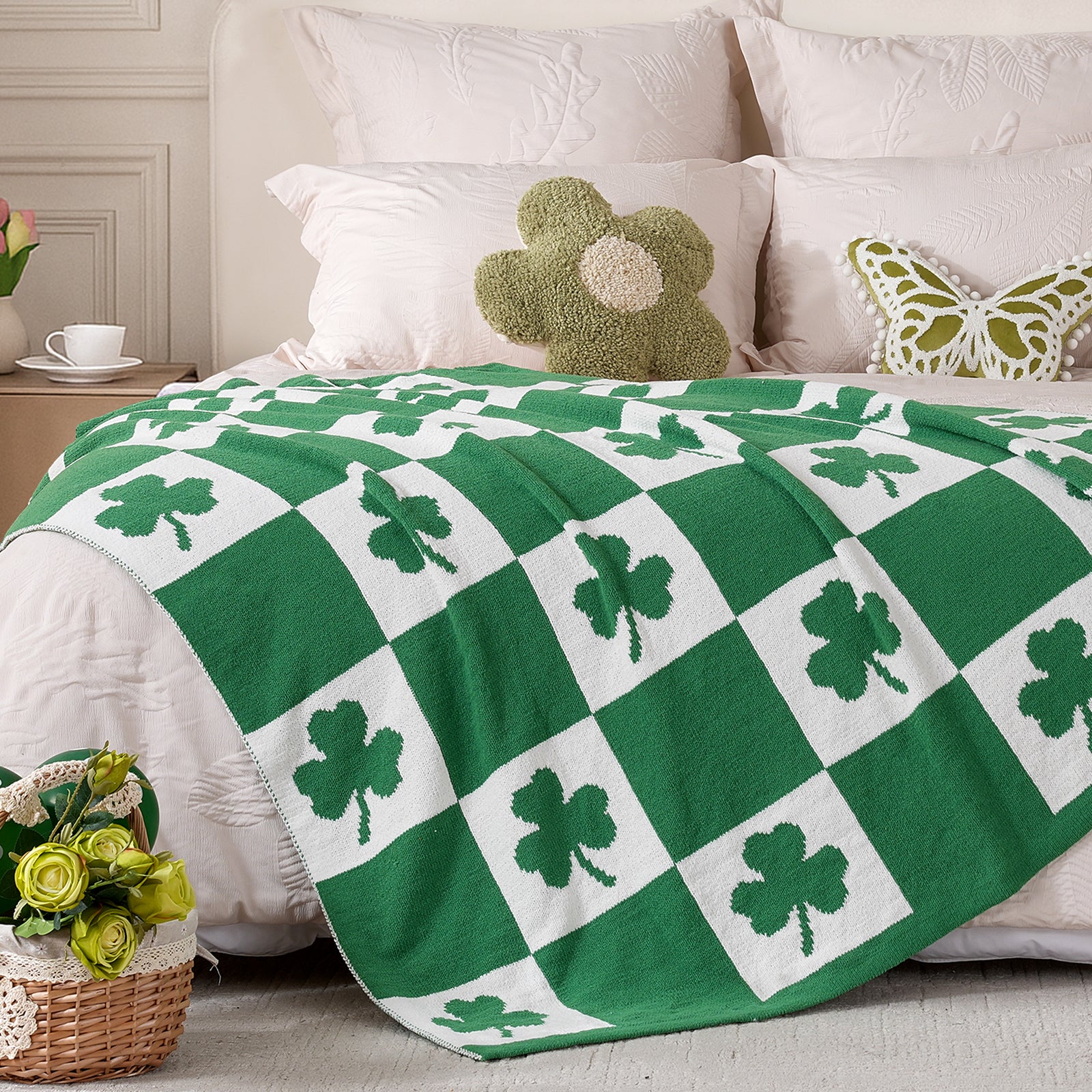 SnugCozy Lucky Shamrock Chenille Knit Throw Blanket