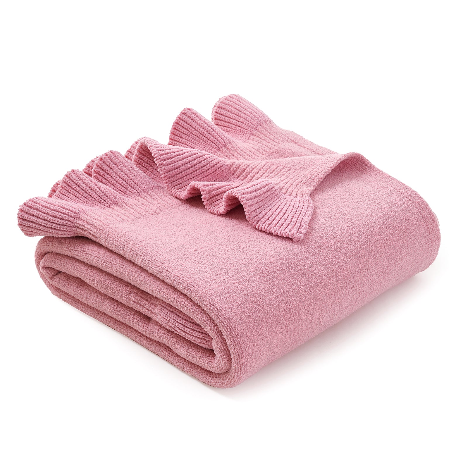 SnugCozy Valentine Pink Ruffle Chenille Knit Throw Blanket