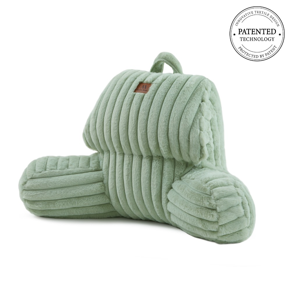Front view of Striped Faux Fur Backrest Reading Pillow in a white background#color_Sage Green