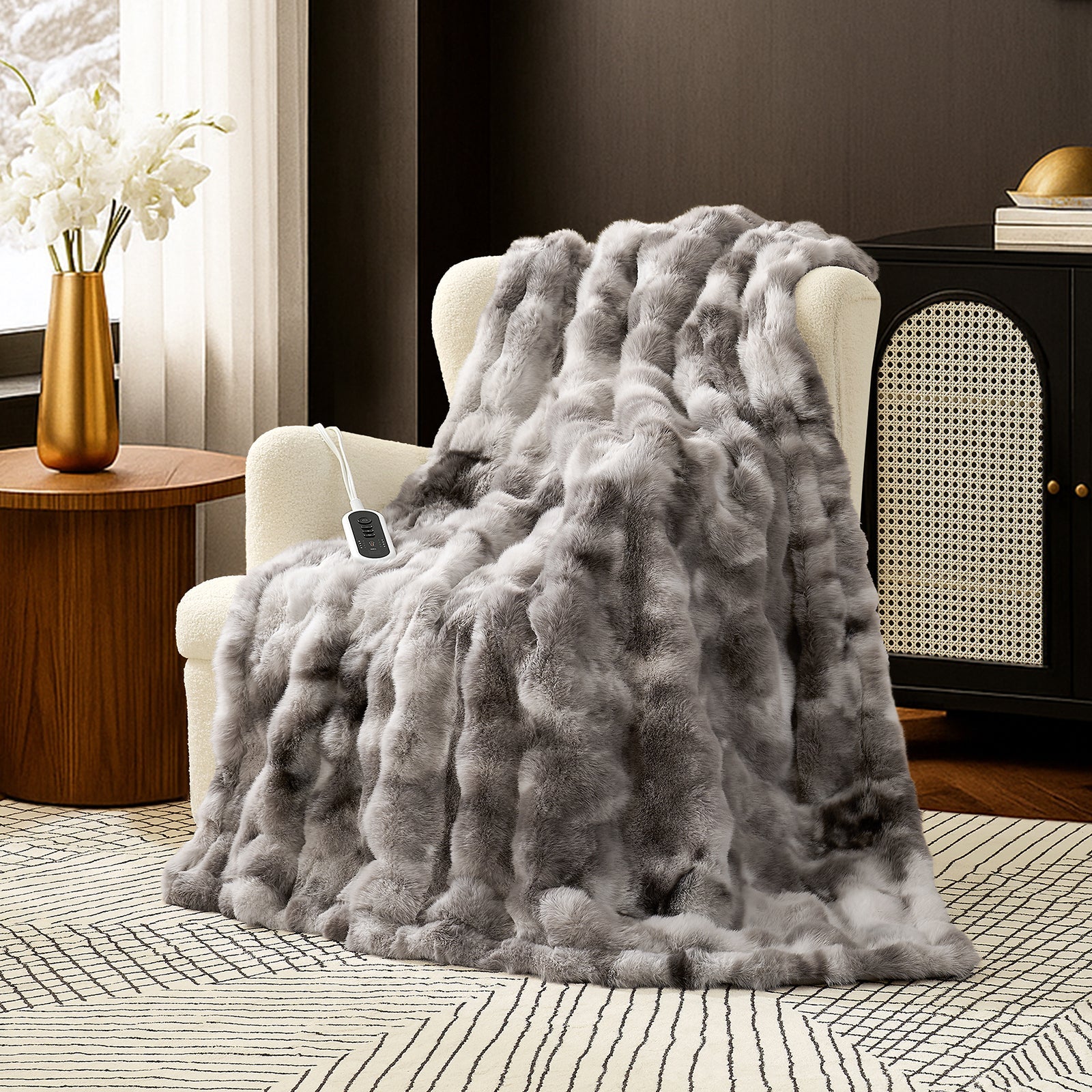 Tie-Dye Taupe Faux Fur Electric Heated Blanket Throw | Snuggle Sac