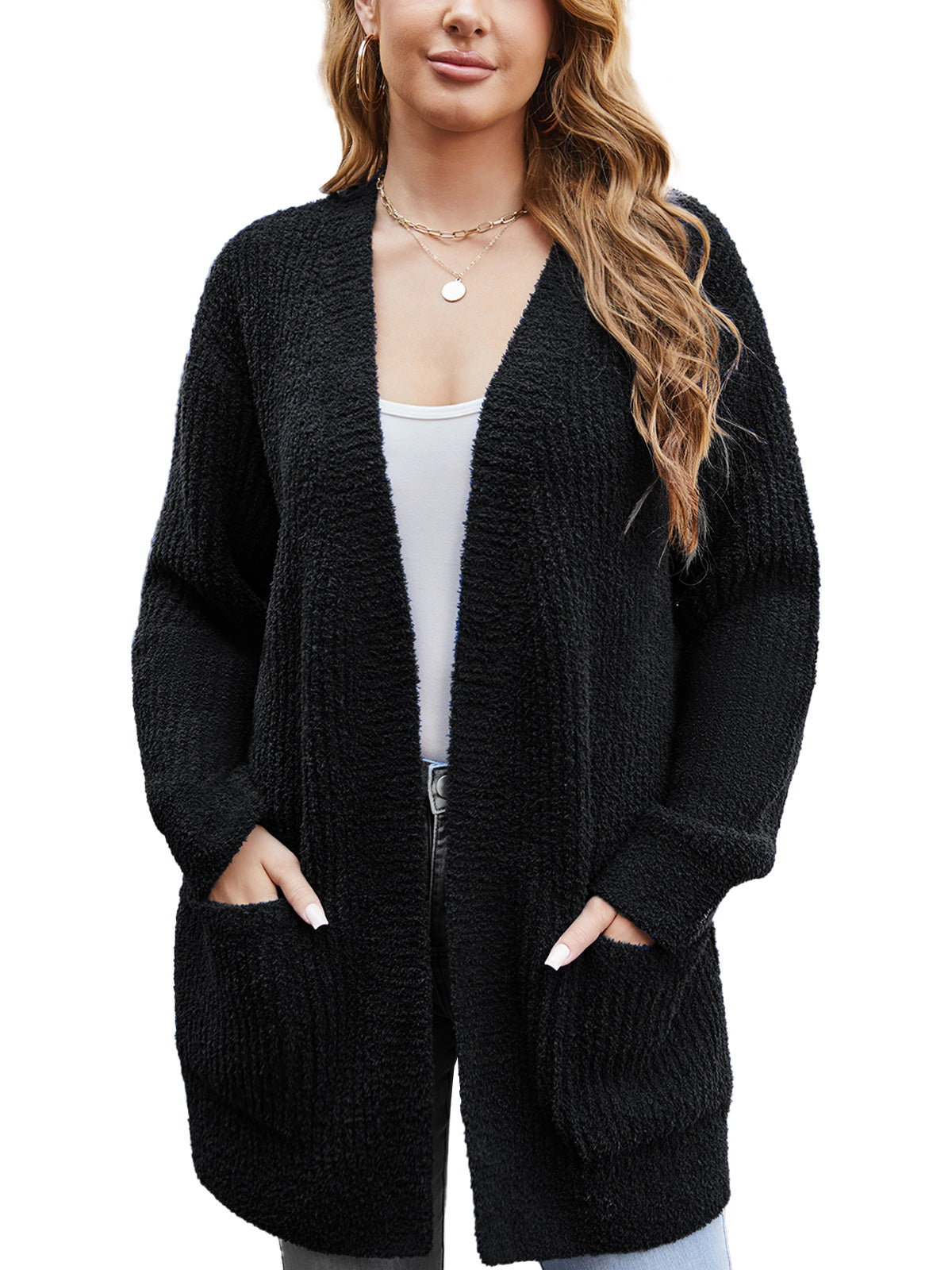 Black cardigan worn by a person on a white background #color_Black