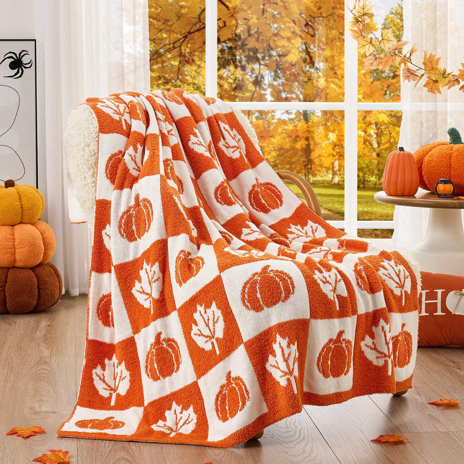 Checkered Pumpkin Maple Leaf Throw Blanket