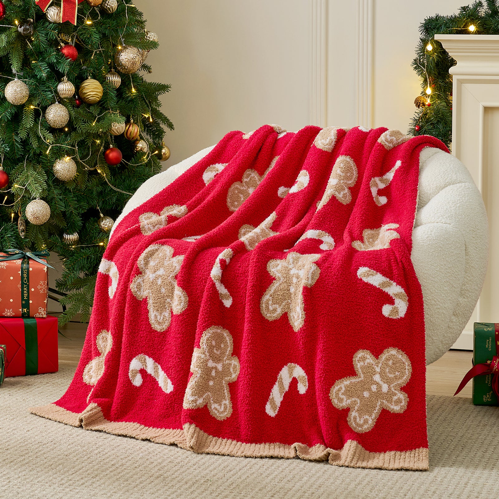 Gingerbread Man Red Candy Cane Throw Blanket