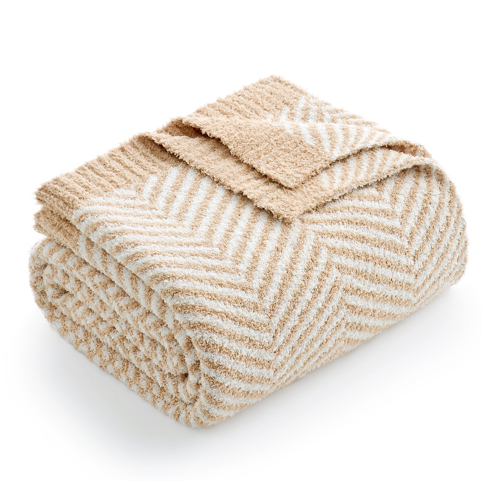 Folded Snuggle Sacs Herringbone Feather Yarn Knit Throw Blanket#color_Beige