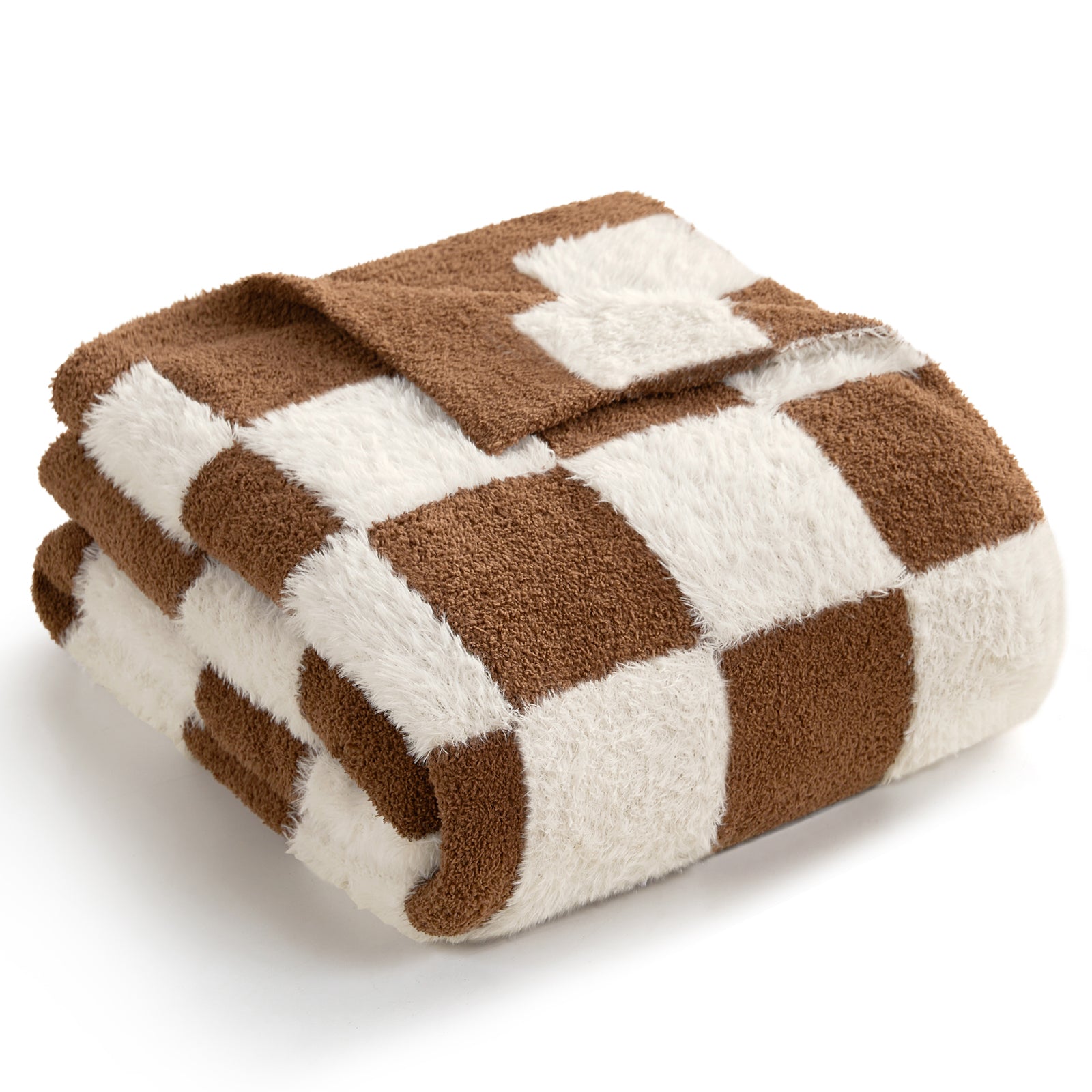 Folded checkered blanket with brown and white squares on a white background#color_Brown