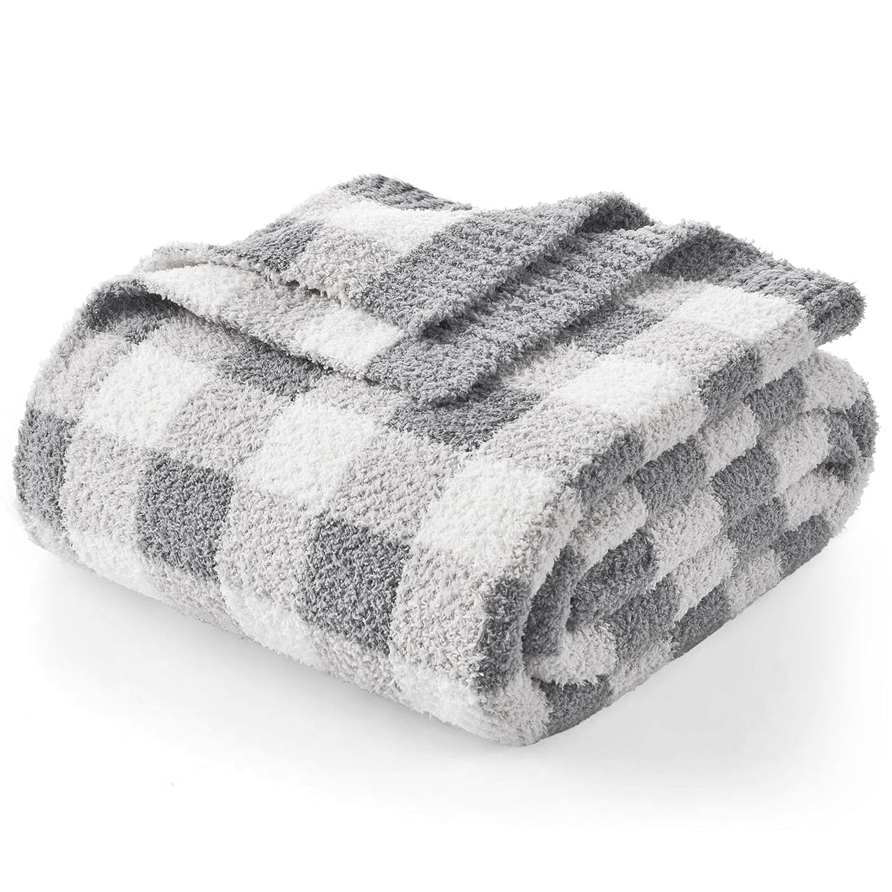 Folded checkered blanket with gray and white pattern on a white  background  #color_Plaid Grey