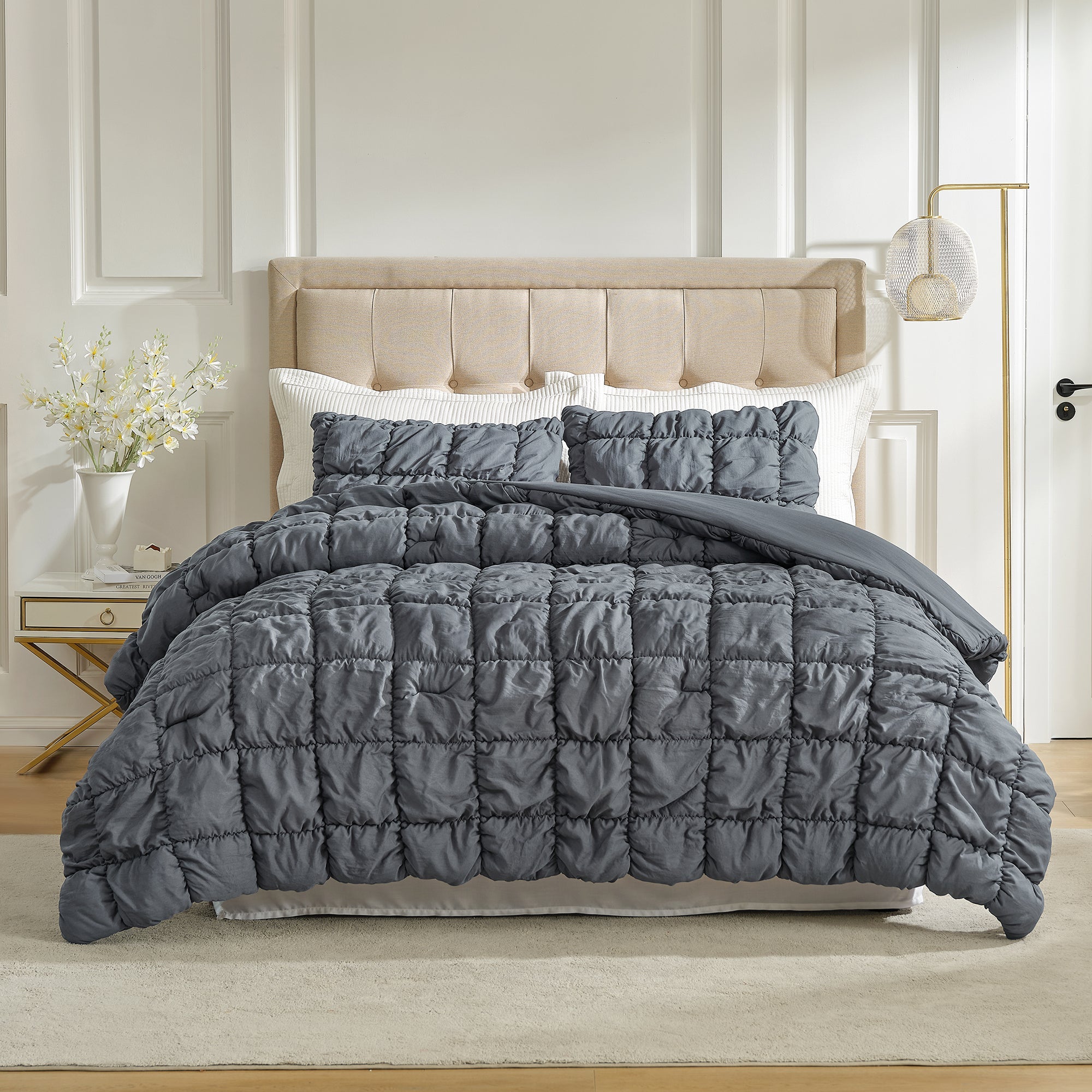 Snuggle Sac All-Season Bubble Comforter Set in dark grey on bed#color_Dark Grey