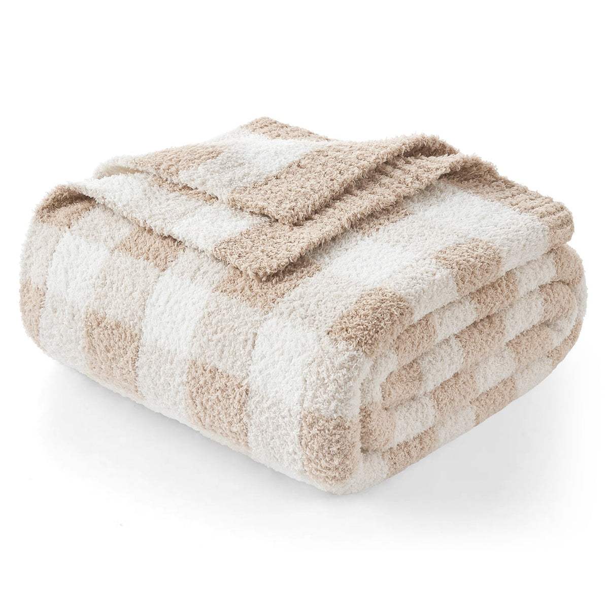 Folded checkered blanket with beige and white pattern on a white background #color_Plaid Beige