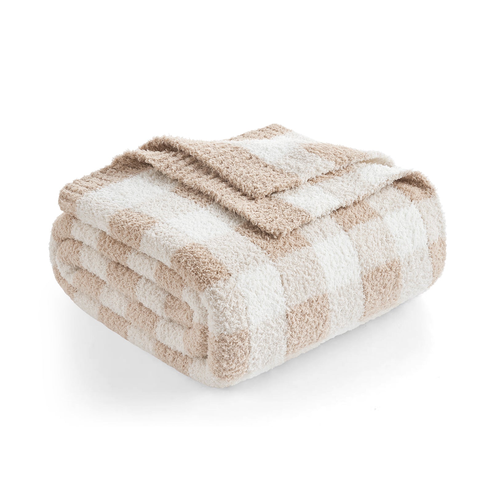 Folded checkered blanket with beige and white pattern on a white background #color_Plaid Beige