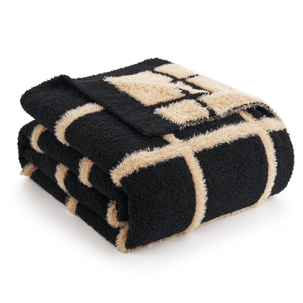 Snuggle Sac Checkered Faux Fur Knit Throw Blanket in black and beige front view#color_Black