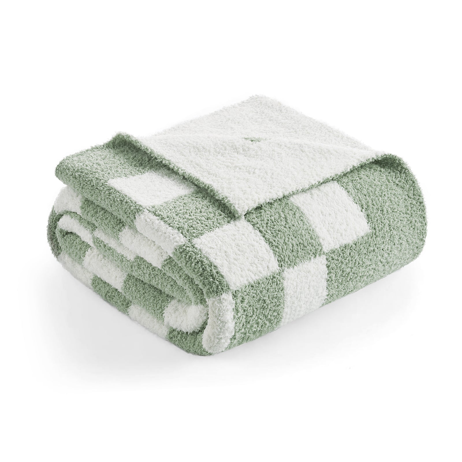 Folded green and white checkered blanket on a white background #color_Checkered Sage Green