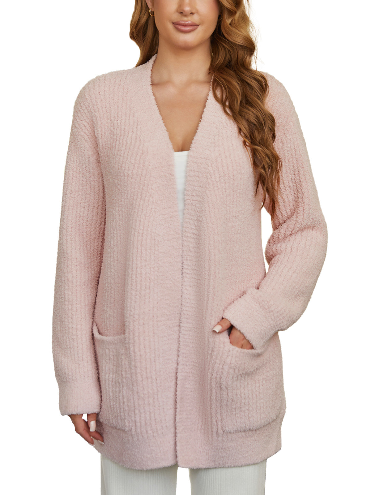 Pink textured cardigan worn by a model on a white background #color_Soft Pink