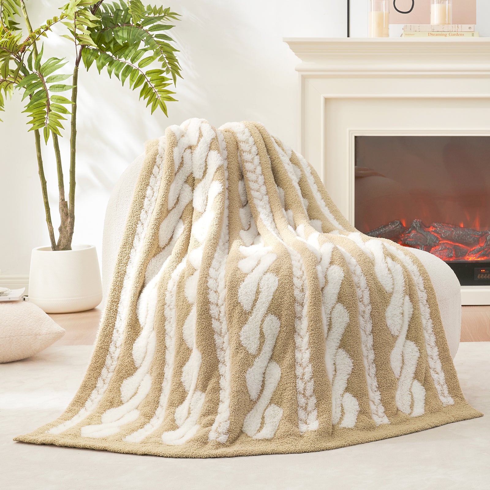 Cable pattern Faux Fur Knit Throw Blanket in beige and white showing the front side.#color_Beige