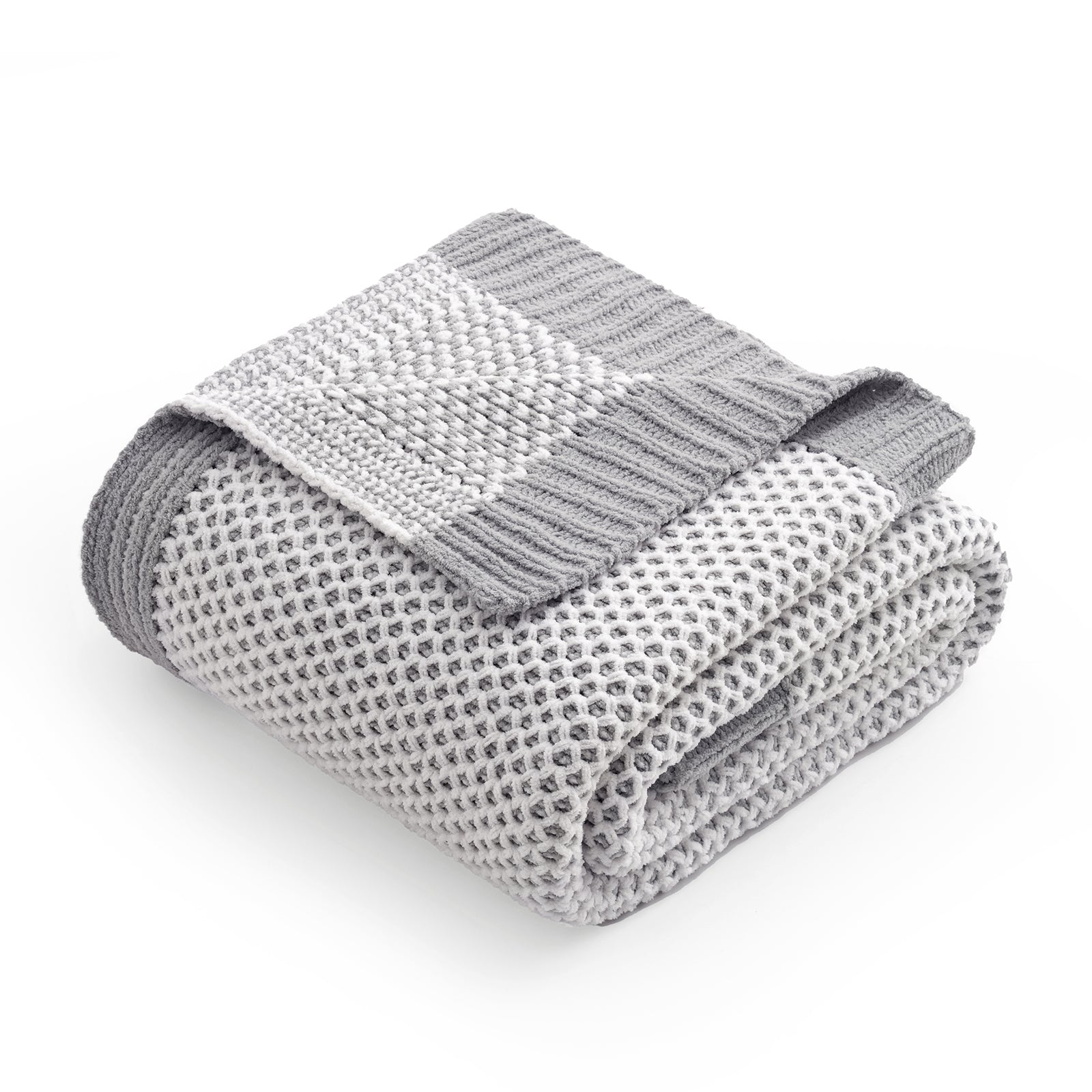 Snuggle Sac two tone honeycomb chenille knit throw blanket in Gray and White folded front view #color_Gray&White