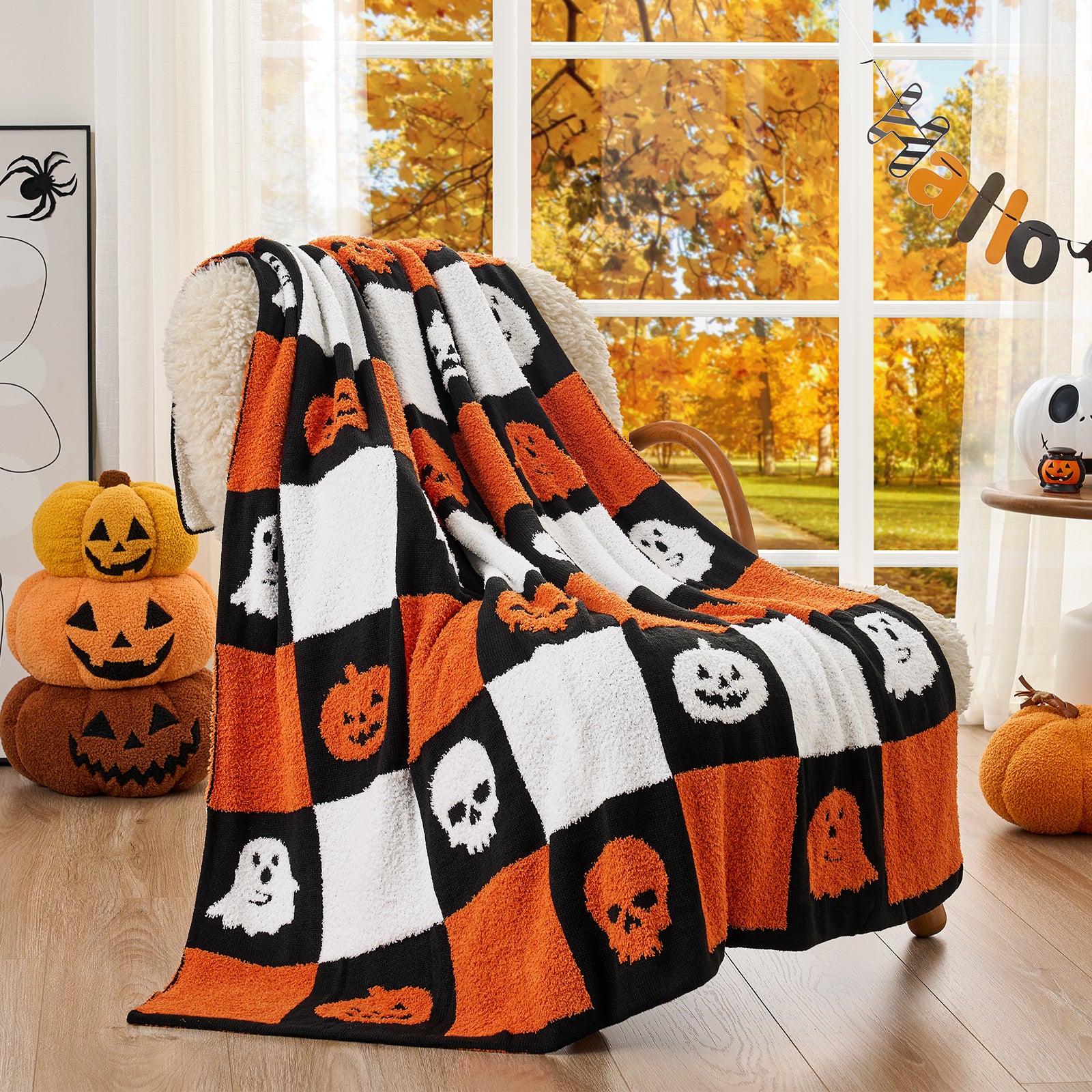 Halloween Ghost Skull Pumpkin Throw Blanket