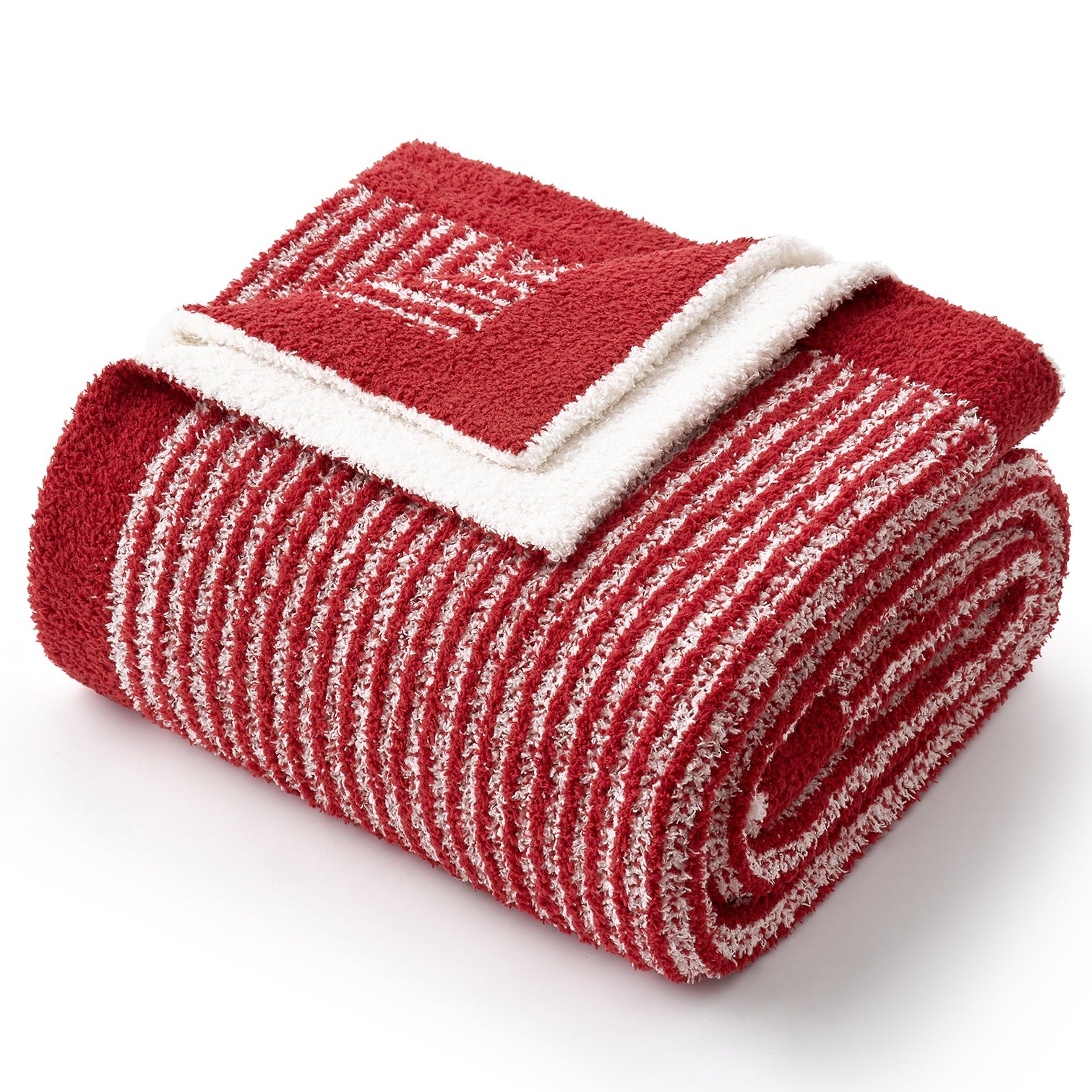 Folded red and white blanket with a logo on a white background #color_Red/Cream