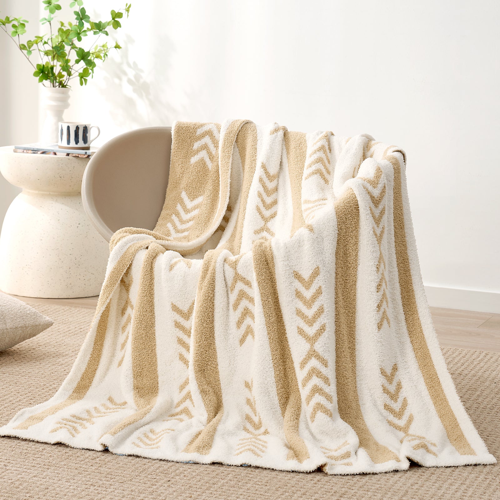 SnugCozy Reversible Boho Feather Yarn Knit Throw Blanket