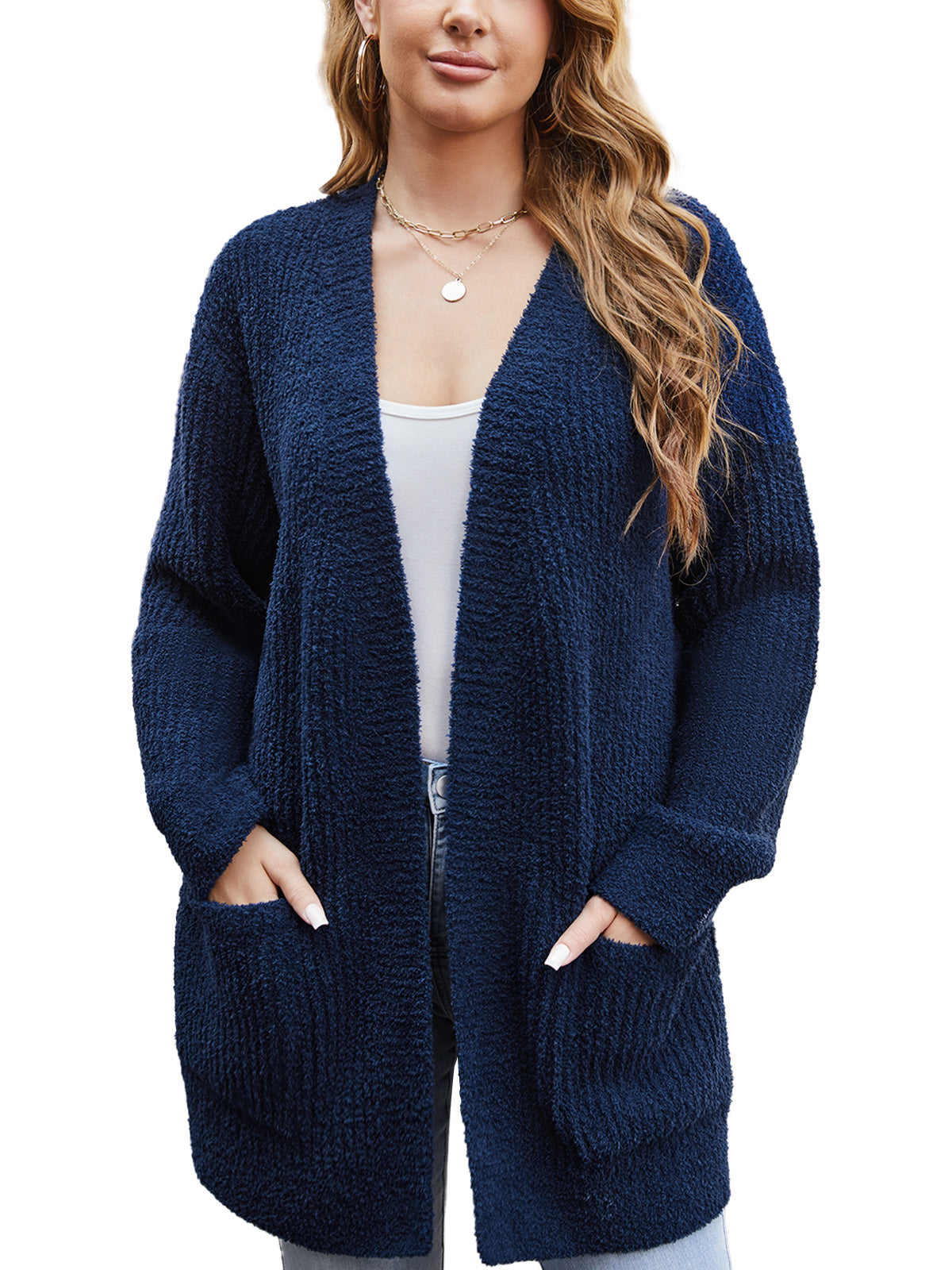 Woman wearing a navy blue cardigan on a white background #color_Navy Blue