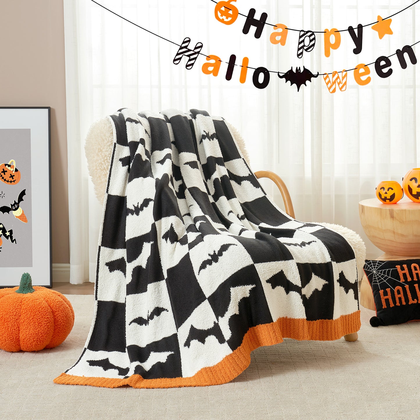 Halloween Checkered Bat Blanket-Throw 50"x60"