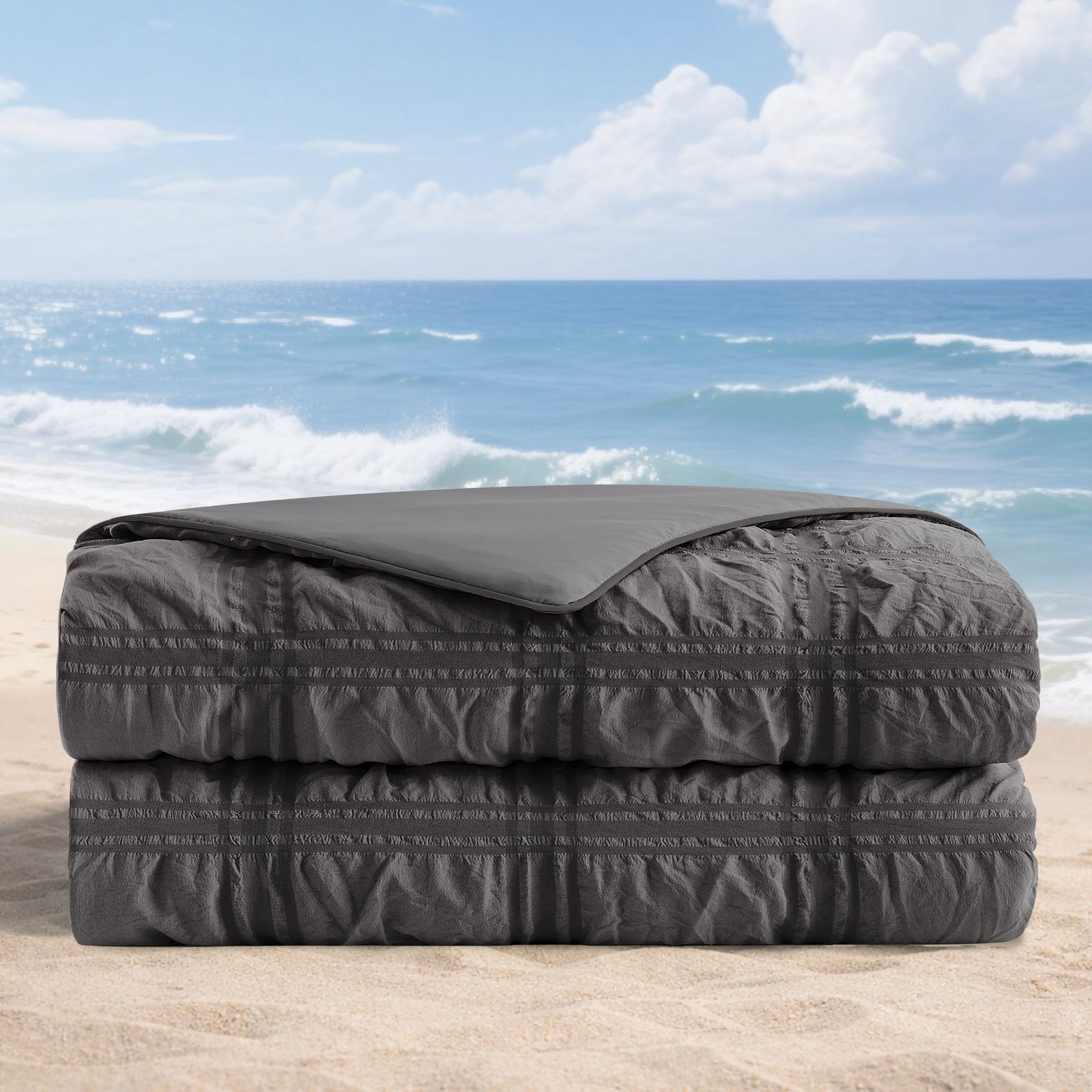 Folded Snuggle Sac Seersucker Plaid Cooling Comforter#color_Dark Grey