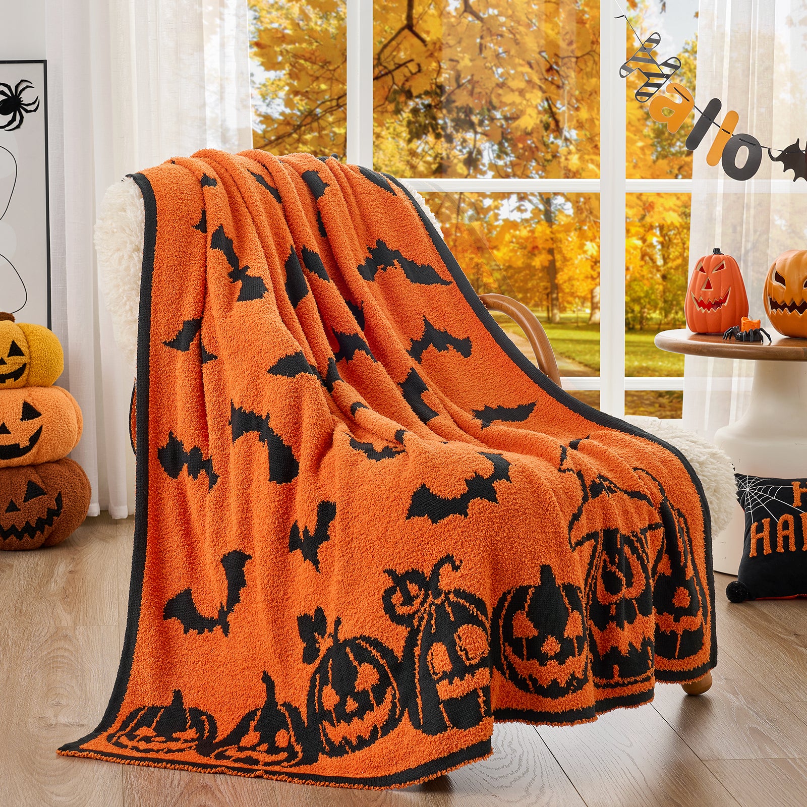 Halloween Orange Pumpkin Bat Throw Blanket
