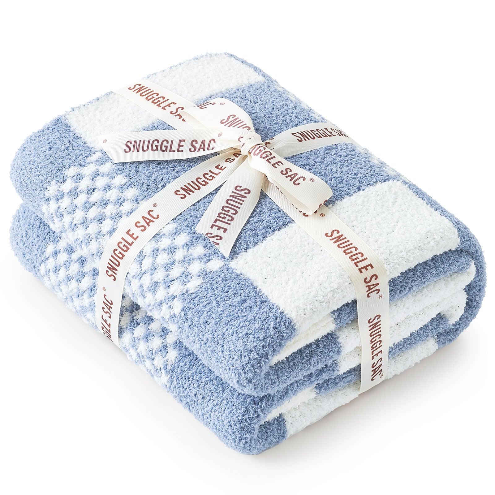Blue and white checkered blanket with 'Snuggle Sac' label on a white  background #color_Washed Blue