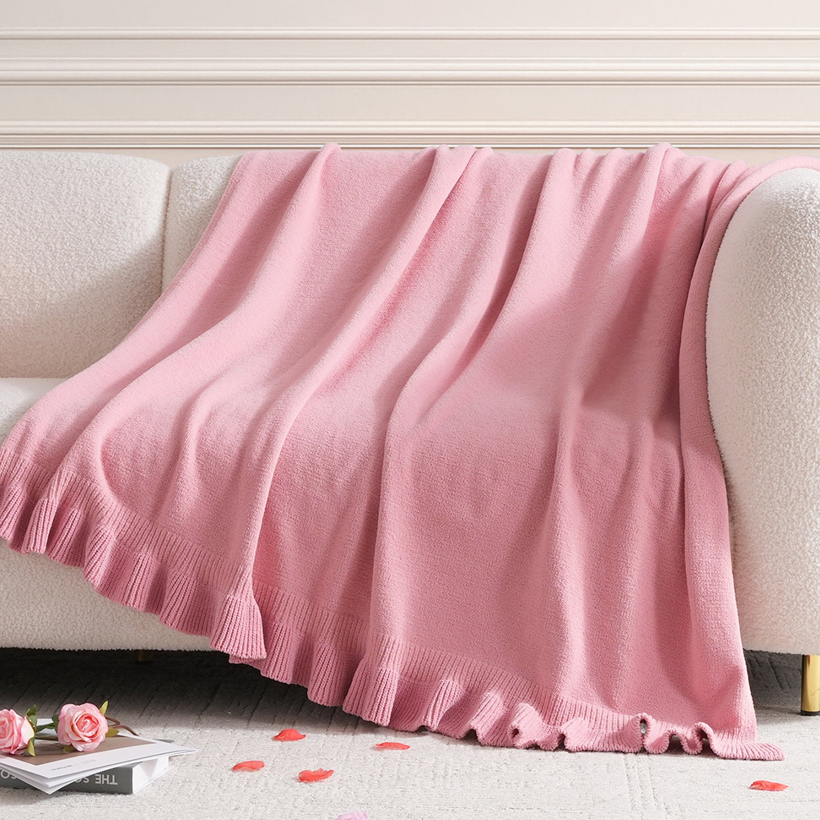 SnugCozy Valentine Pink Ruffle Knit Chenille Throw