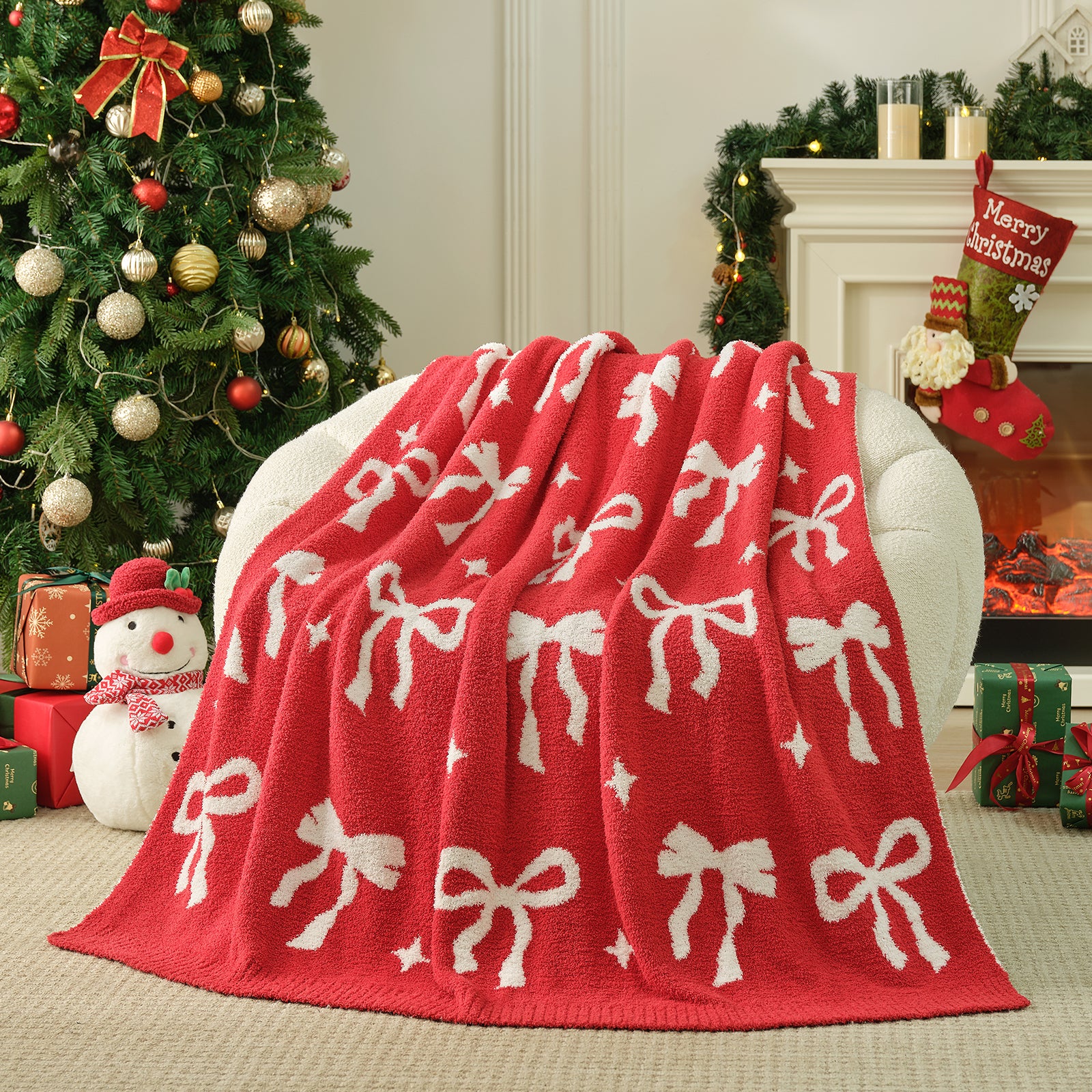 Reversible Red Bow Christmas Throw Blanket