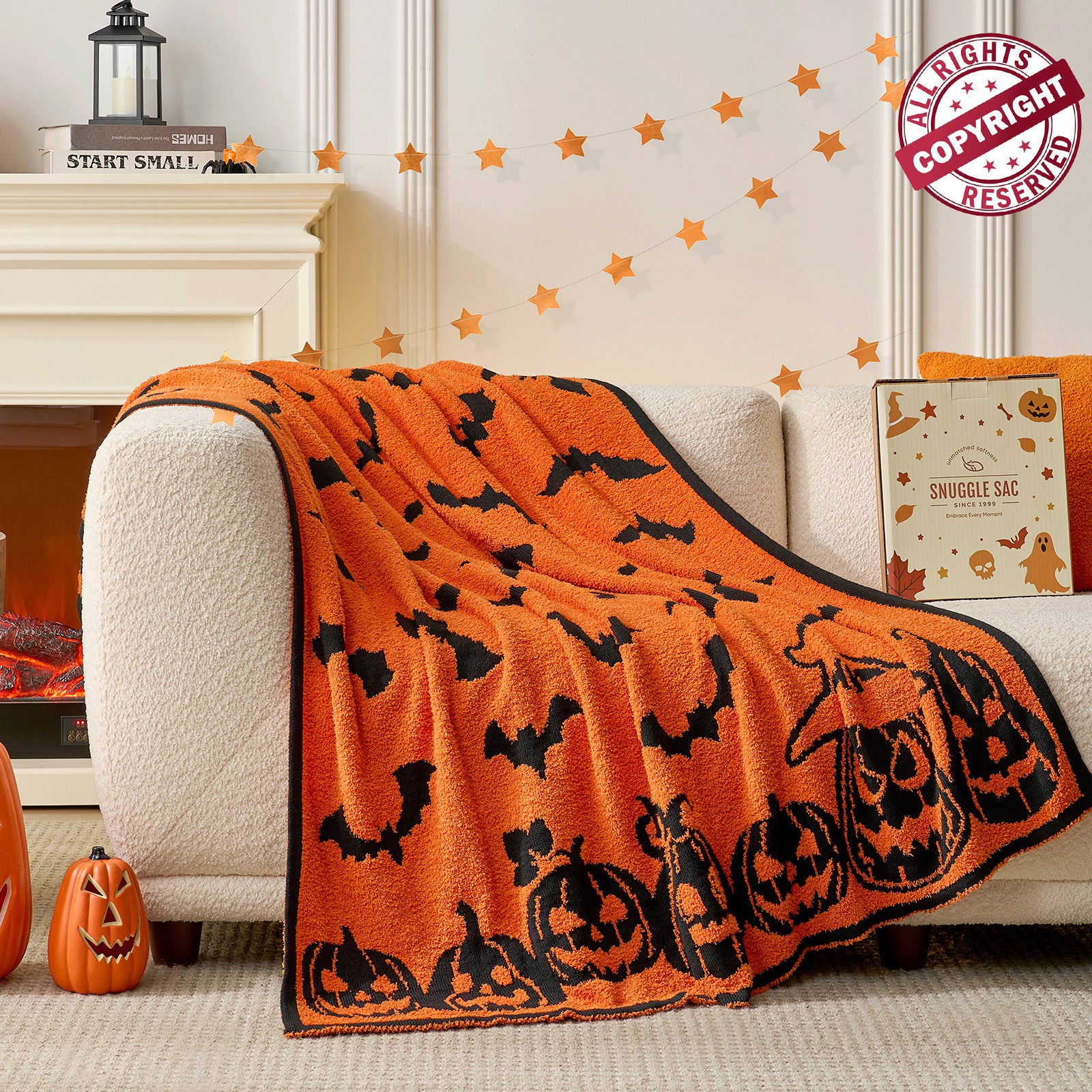 Halloween Orange Pumpkin Bat Throw Blanket