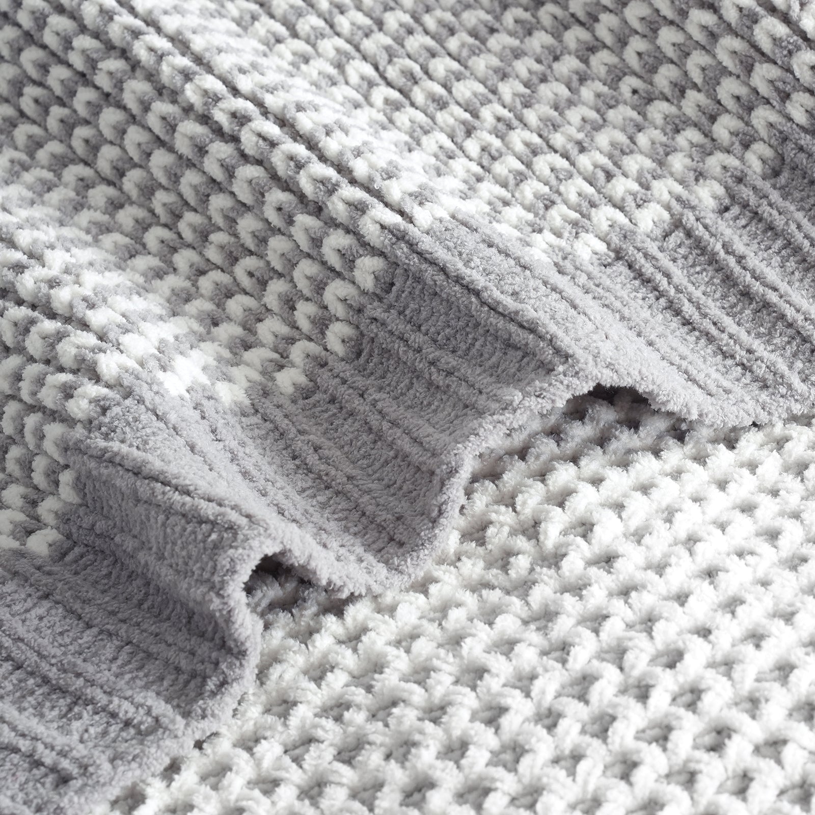 Close up of honeycomb chenille knit texture highlighting two tone pattern and soft touch #color_Grey