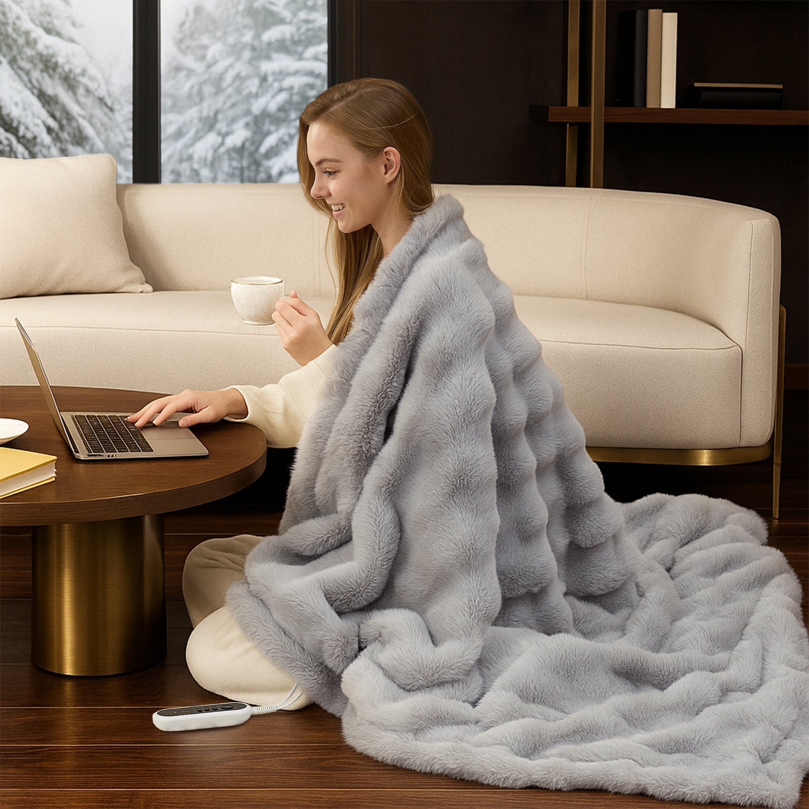 Woman sitting on a couch with a gray fuzzy blanket wrapped around her, using a laptop. #color_Light Grey
