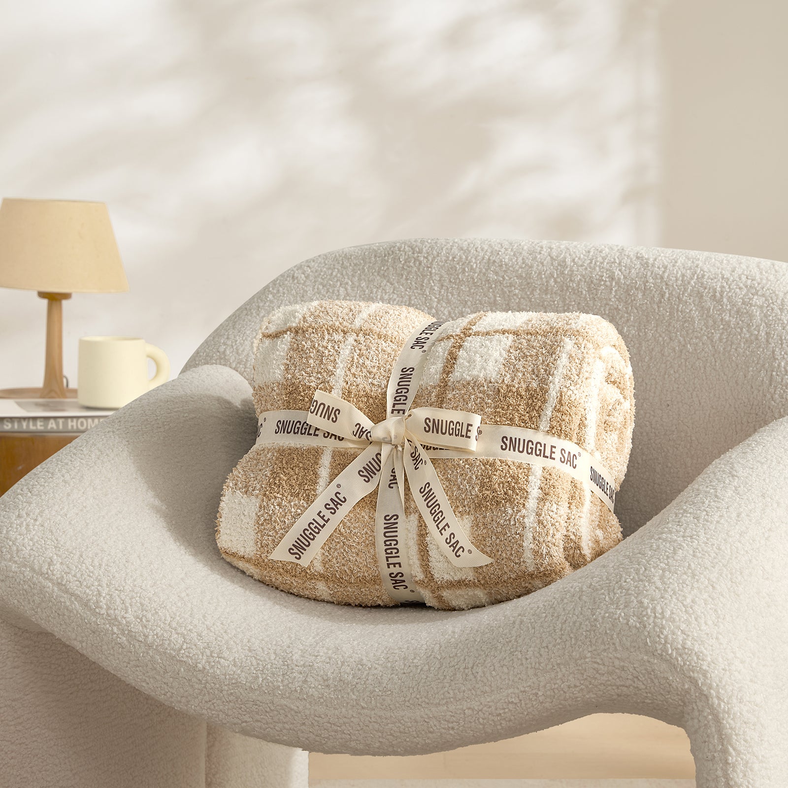 Reversible Buffalo Plaid Feather Yarn Knit Throw Blanket wrapped as a perfect gift #Color_Plaid Beige