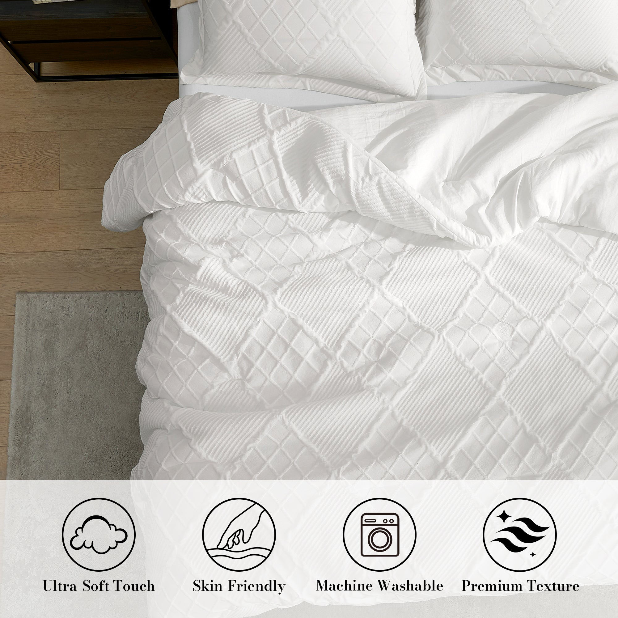 Snuggle Sac Cooling comforter in white on bed in a bedroom showing Ultra-Soft touch, skin-friendly, Machine washable and premium texture#color_Off White
