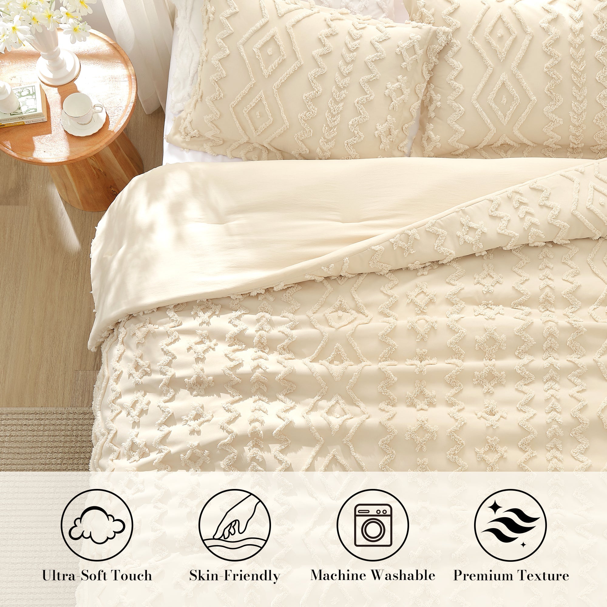 Snuggle Sac All-Season Boho Deluxe Embroidery Comforter Set  on bed in a bedroom showing Ultra-Soft touch, skin-friendly, Machine washable and premium texture#color_Beige