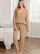 Snuggle Sac women long sleeve V-neck knit loungewear set in Khaki, styled in a cozy indoor lifestyle setting with a relaxed fit #color_Khaki