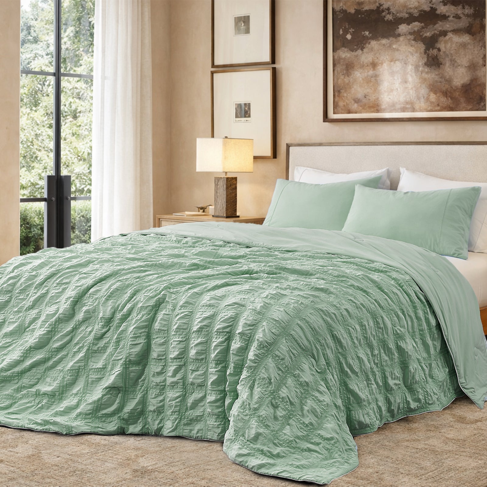 Snuggle Sac Cooling comforter in sage green on bed in a bedroom with window,plant and a view behind#color_Sage Green