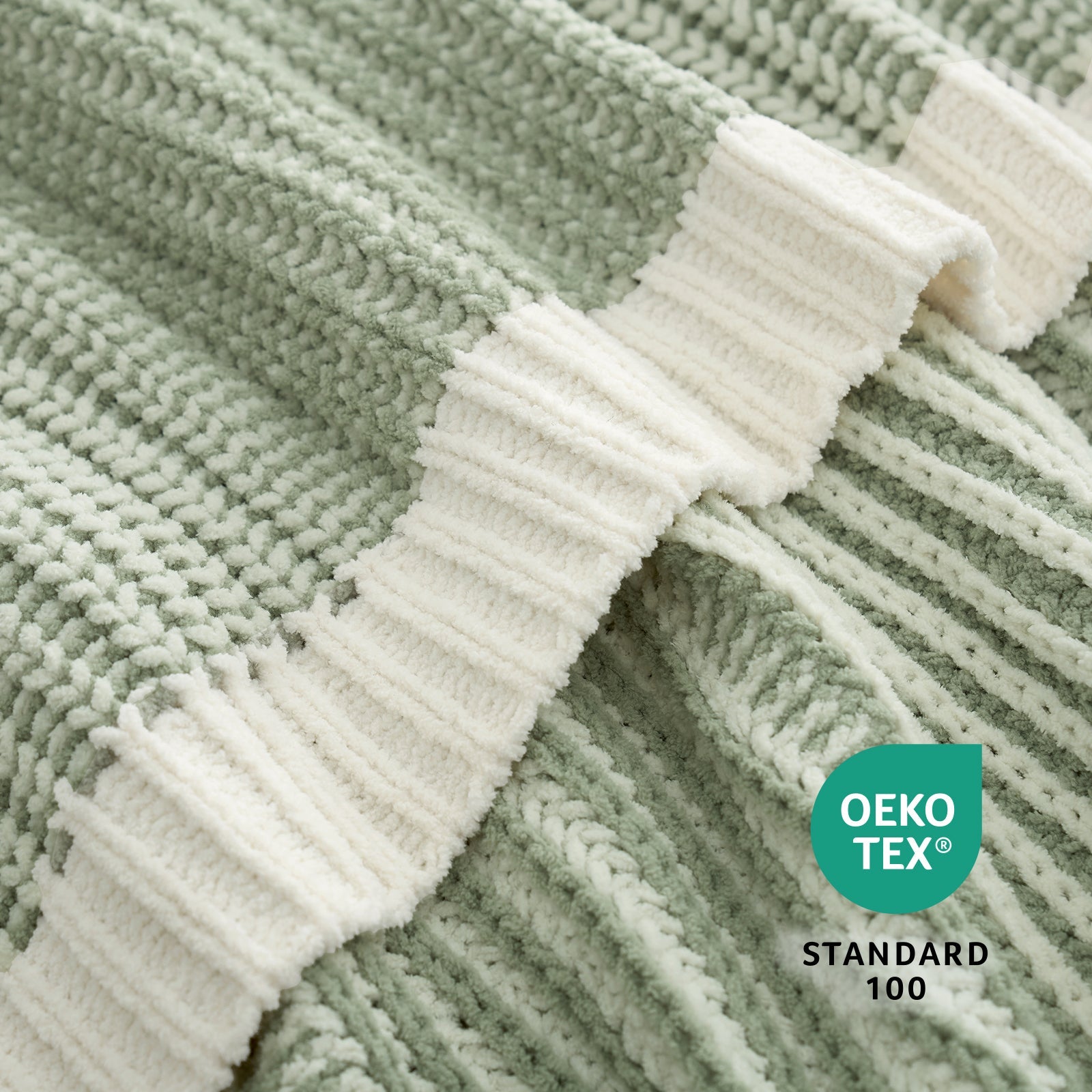 Close-up of a textured fabric with a green and white pattern, featuring the OEKO-TEX Standard 100 logo. #color_Two-tone Green