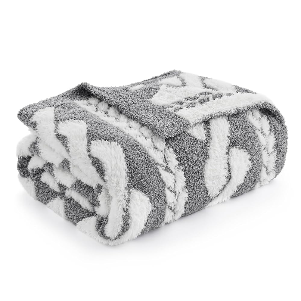 Snuggle Sac cable pattern Faux Fur Knit Throw Blanket in gray and white front view.#color_Gray