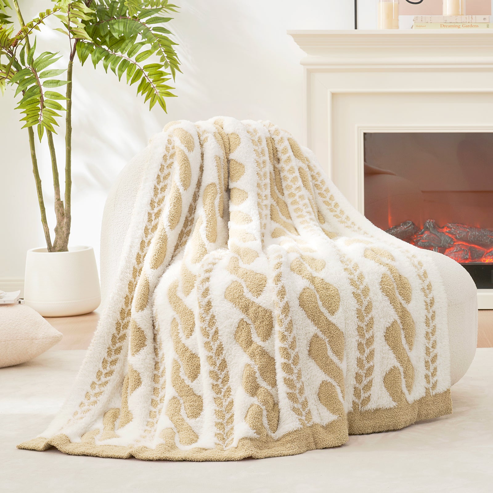 Cable pattern Faux Fur Knit Throw Blanket in beige and white showing the back side.#color_Beige