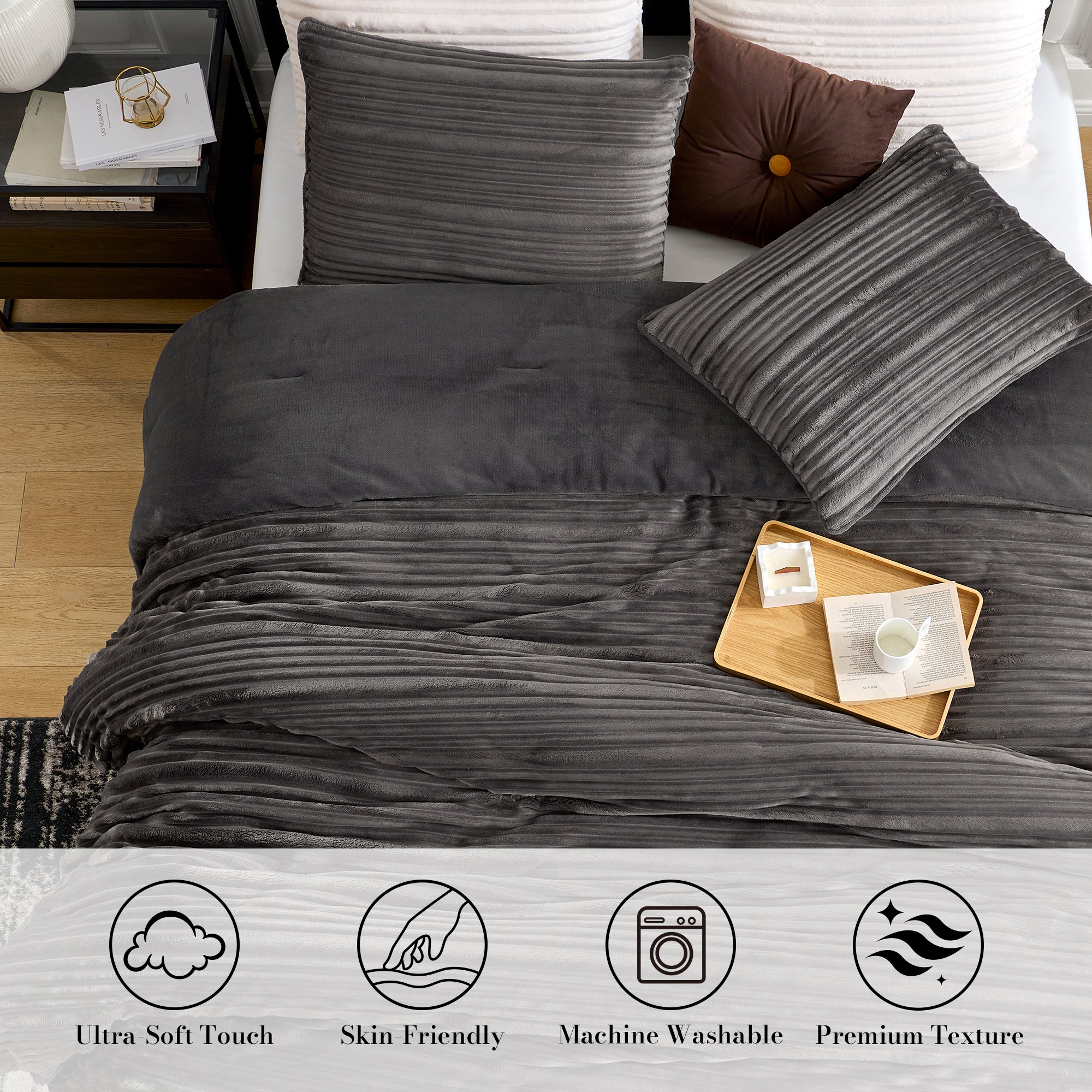 Snuggle Sac Winter Striped Flannel Fleece Comforter Set on bed in a bedroom showing Ultra-Soft touch, skin-friendly, Machine washable and premium texture#color_Dark Grey