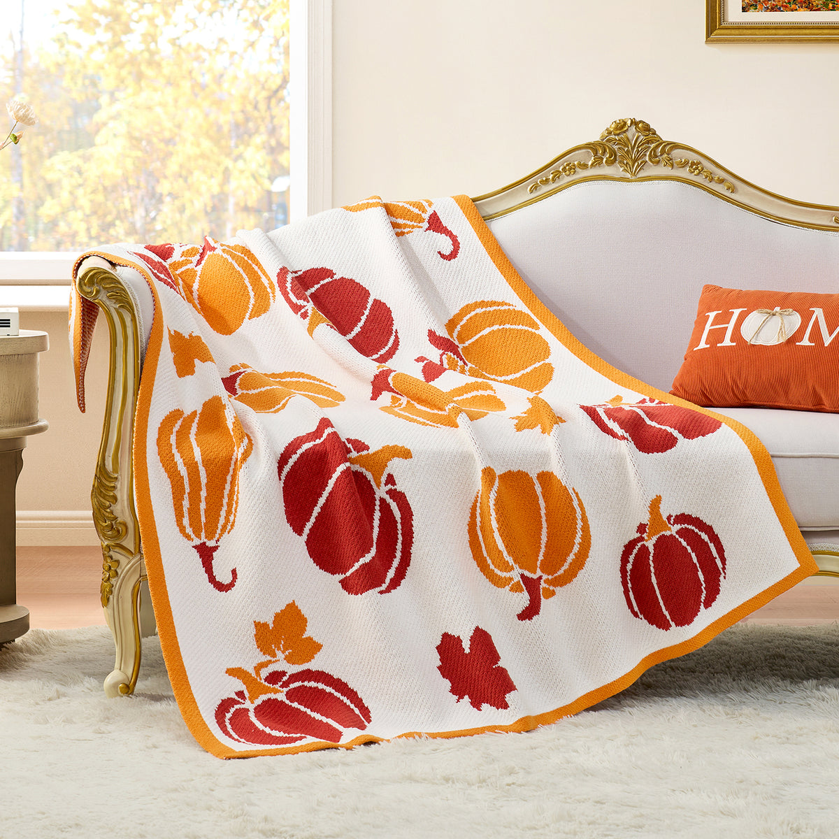 Pumpkin Harvest Maple Leaves Chenille Blanket