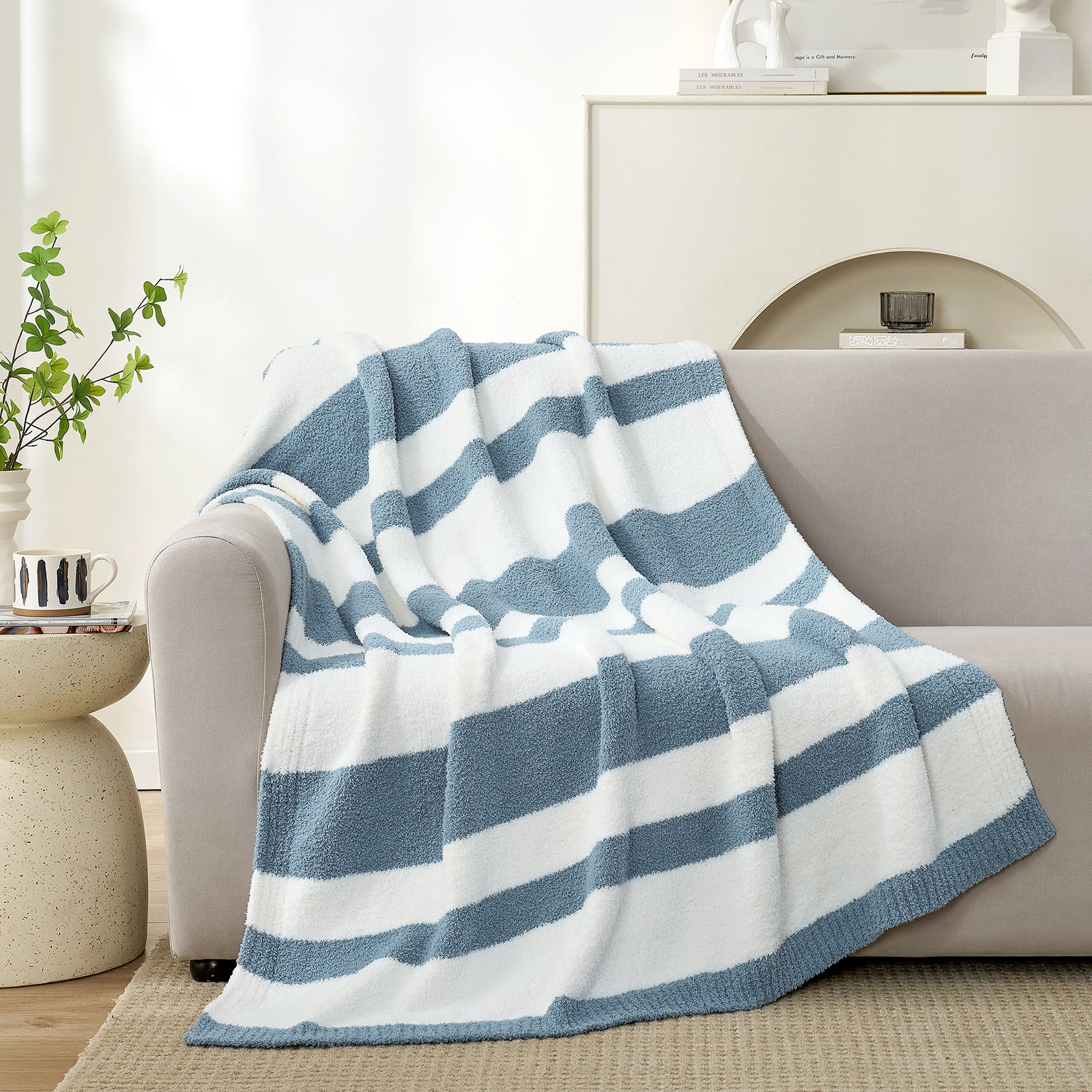 SnugCozy Reversible Blue Striped Feather Yarn Knit Throw Blanket