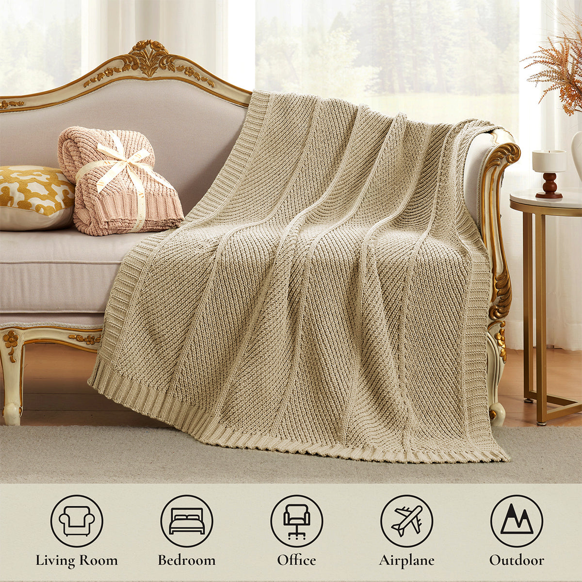 Snuggle Sac chevron chenille knit throw blanket in Beige suitable for living room bedroom office travel and outdoor use #color_Beige