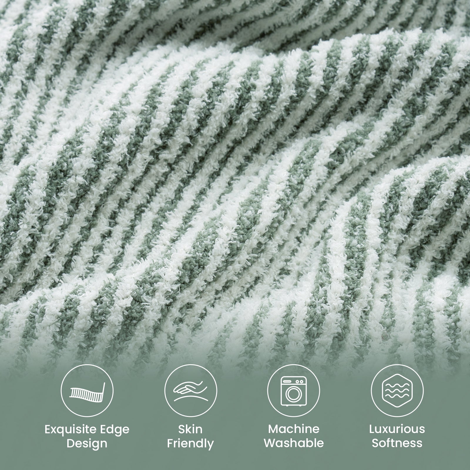Close up of UltraSoft Ribbed Feather Yarn Knit Throw Blanket with 4  qualitities#color_Green/Cream