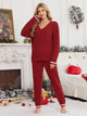 Snuggle Sac women long sleeve V-neck knit loungewear set in Christmas Red, styled in a cozy indoor lifestyle setting with a relaxed fit #color_Christmas Red
