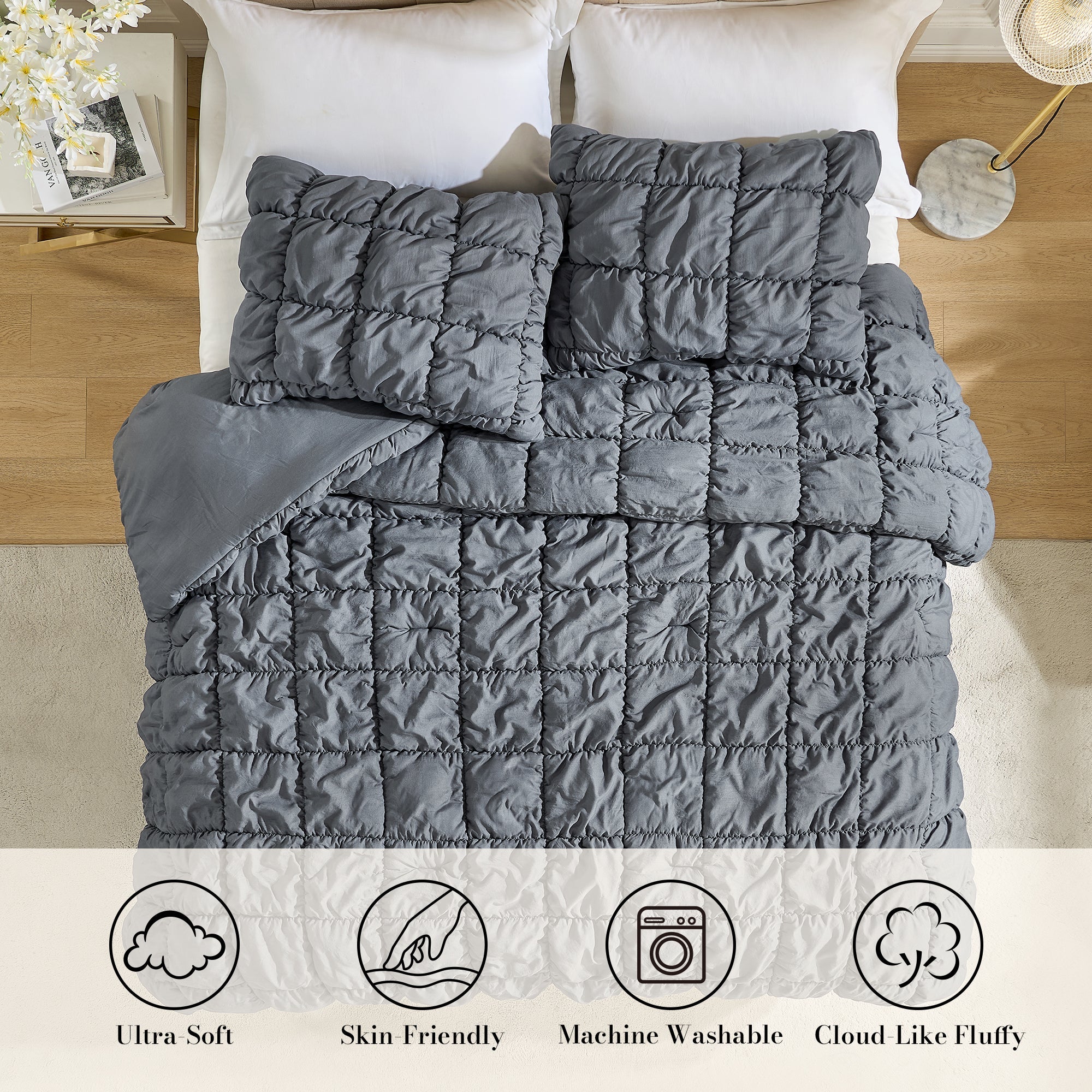 Snuggle Sac All-Season Bubble Comforter Set on bed in a bedroom showing Ultra-Soft touch, skin-friendly, Machine washable and premium texture#color_Dark Grey